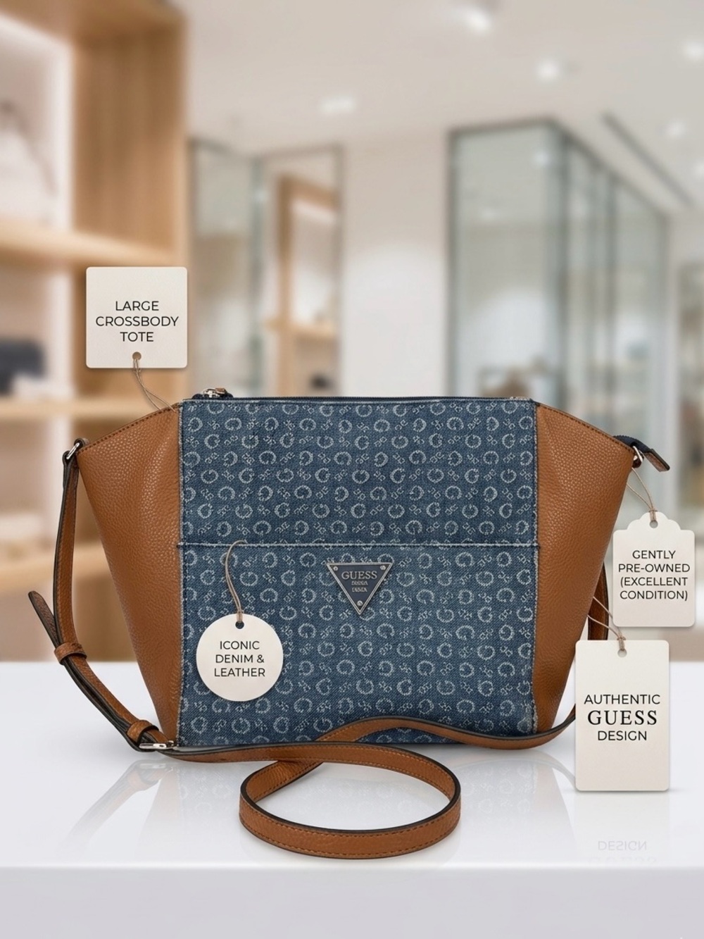 GUESS Denim & Brown Leather Crossbody Satchel